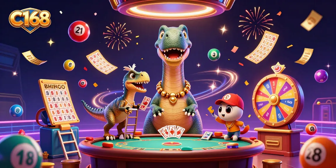 C168's vibrant casino scene showcases a humorous brontosaurus and clever raptor interacting at a poker table amidst festive lottery games.