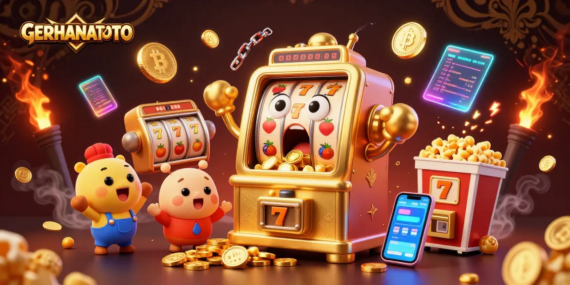 Mesin slot GERHANATOTO mengeluarkan koin, dikelilingi simbol jackpot dan elemen kasino lainnya.