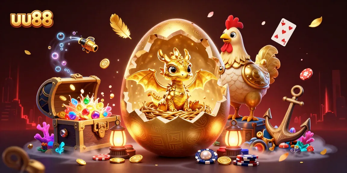 Experience thrilling wins at uu88 with a golden dragon emerging amidst poker chips and shimmering treasures.