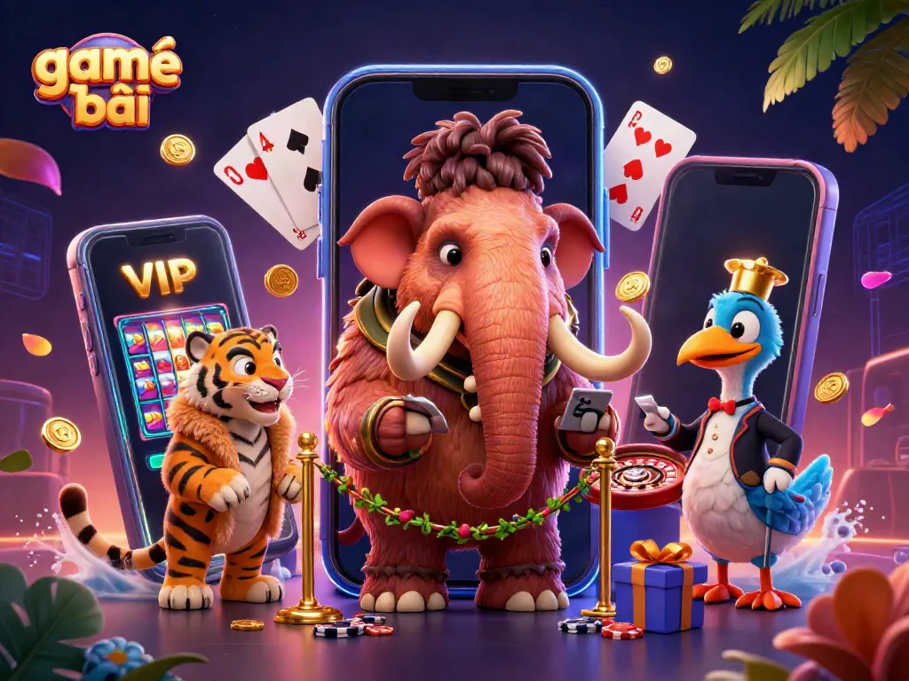 Experience game bài with vibrant characters at an exciting casino-themed digital illustration.
