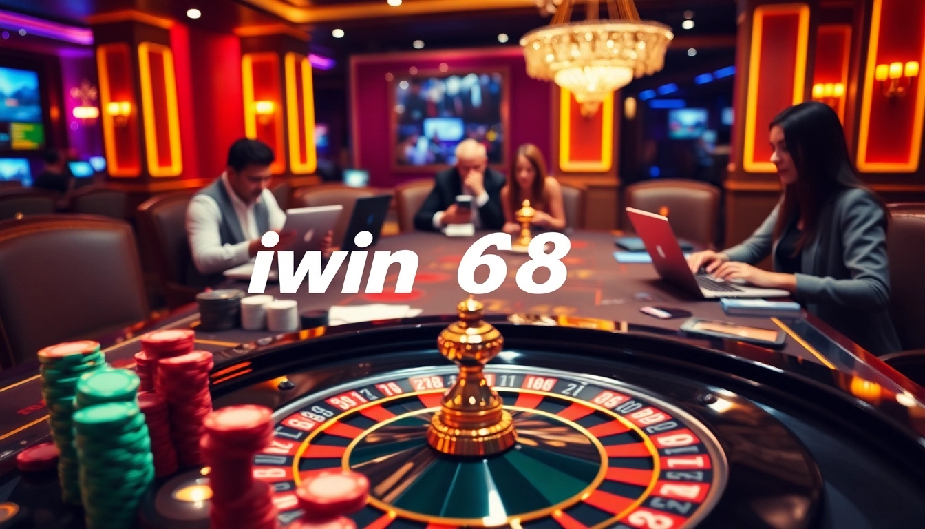 Iwin 68 branded video gaming table with poker chips, cards, and a roulette wheel in an upscale casino atmosphere.
