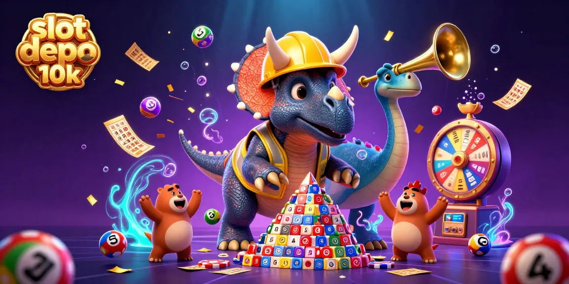 Engage in thrilling slot depo 10k action with dynamic cartoon characters celebrating and vibrant gaming elements.