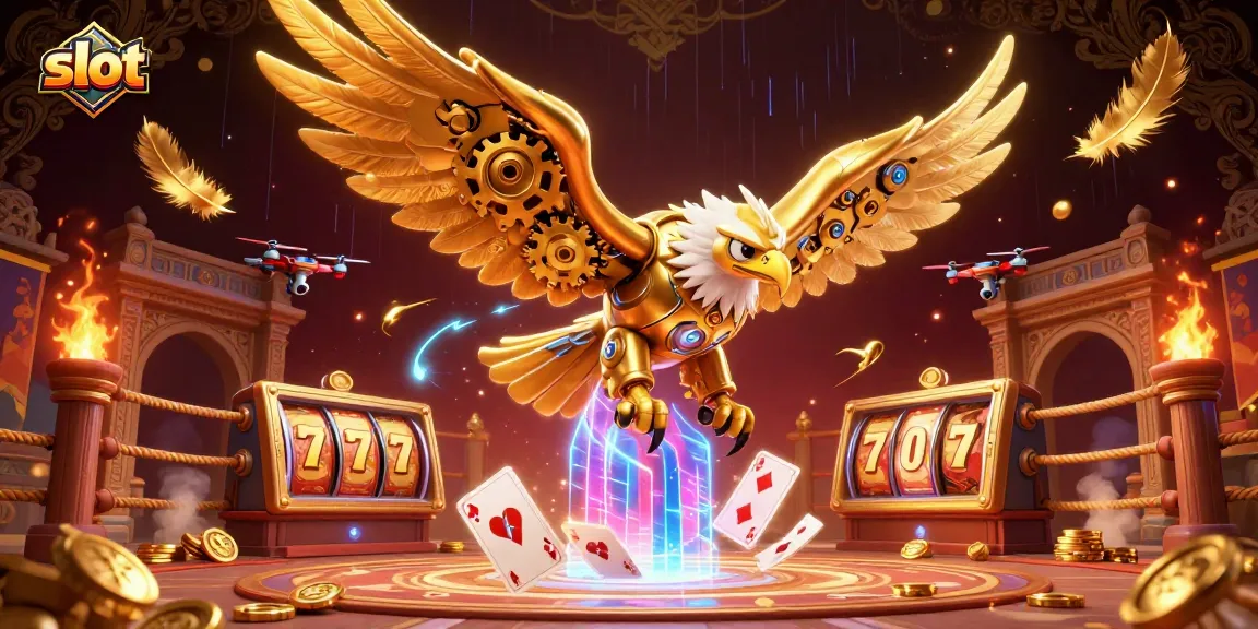 Spin the slot reels with a dynamic 3D golden eagle soaring through a vibrant casino scene.