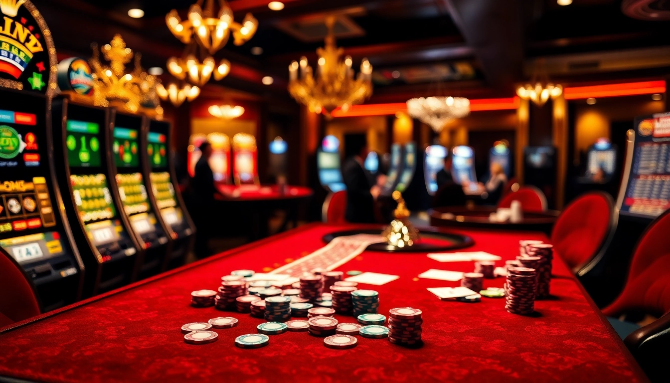 Engaging casino online gaming scene with vibrant chips and cards in an upscale setting.