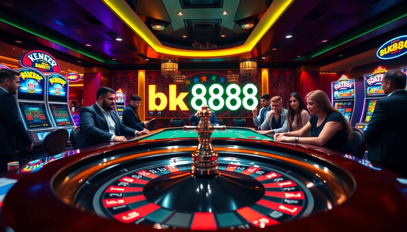 Experience the thrill of bk888 in a vibrant casino scene with players at poker and roulette tables.