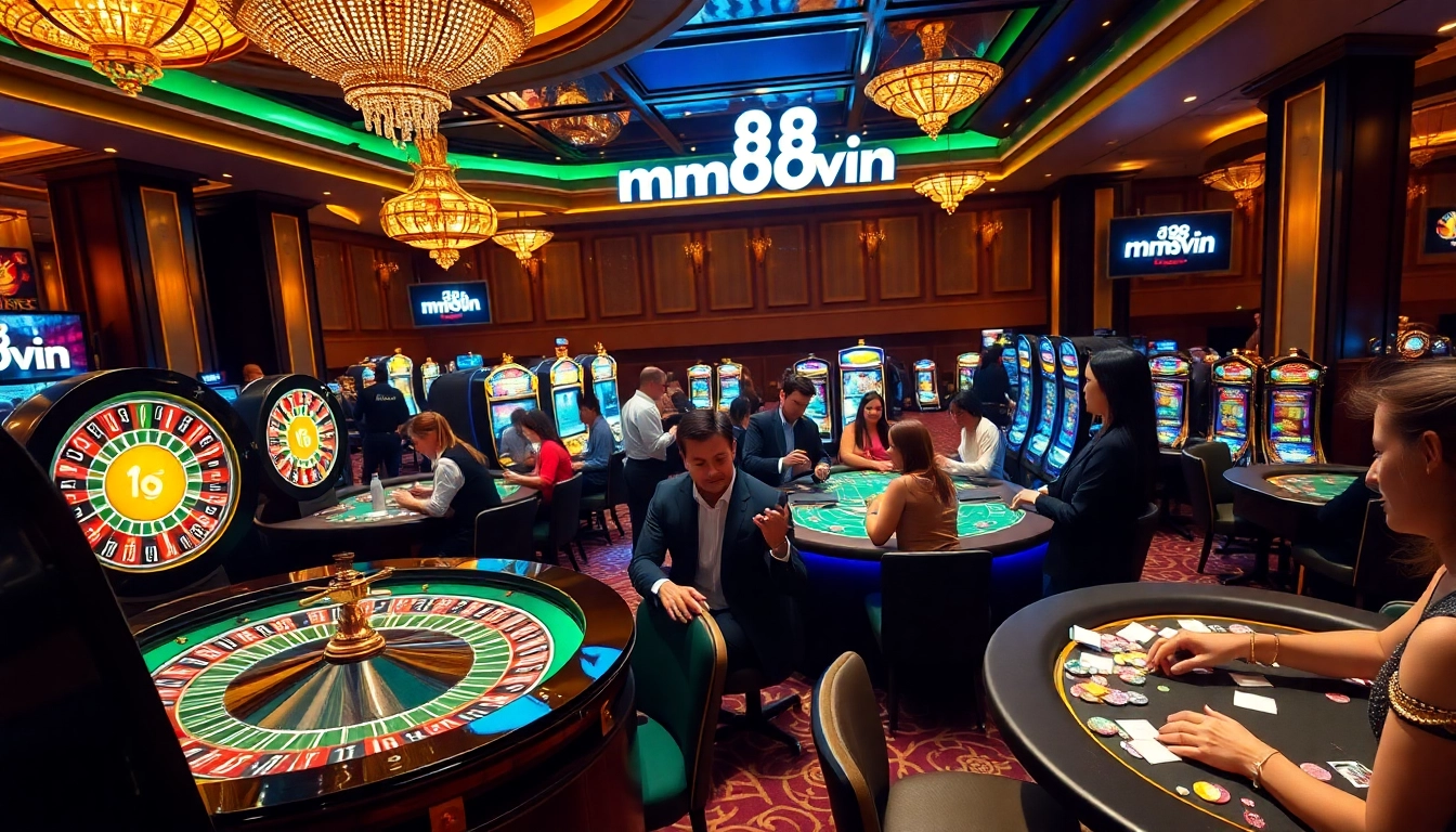 Experience thrilling gaming at mm88 vin with excited players at luxurious casino tables.