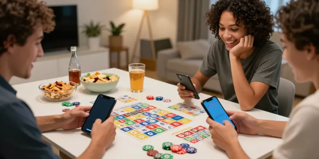 Exciting bingo app download apk scene with friends enjoying Bingo101 on game night.