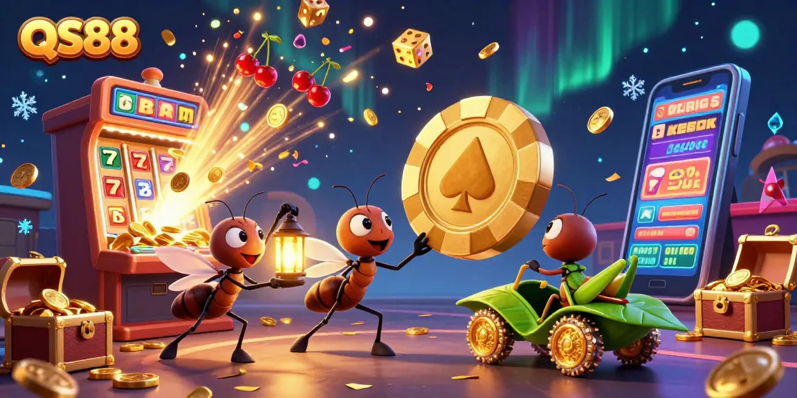 Ants executing a heist with a golden poker chip in a casino, celebrating winnings with QS88.