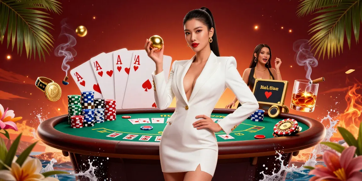 fly88 - Engage with a vibrant casino scene showcasing an Asian woman, roulette, and poker elements.