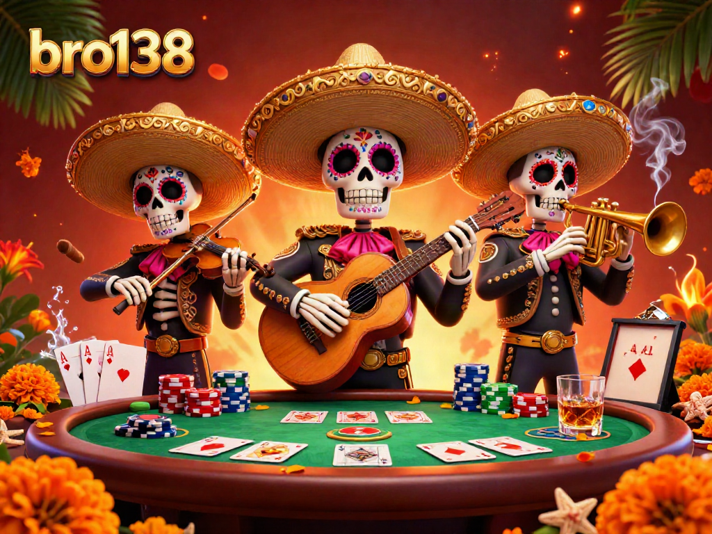 Join the fun with bro138 at a lively poker scene featuring colorful mariachi skeletons and vibrant casino elements.