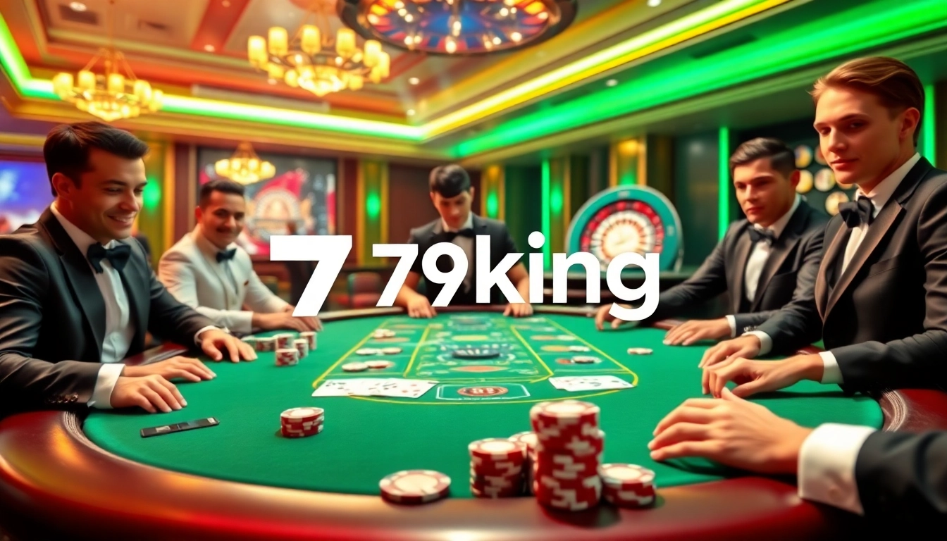 Players strategizing at the 79king poker table in a luxurious casino setting.