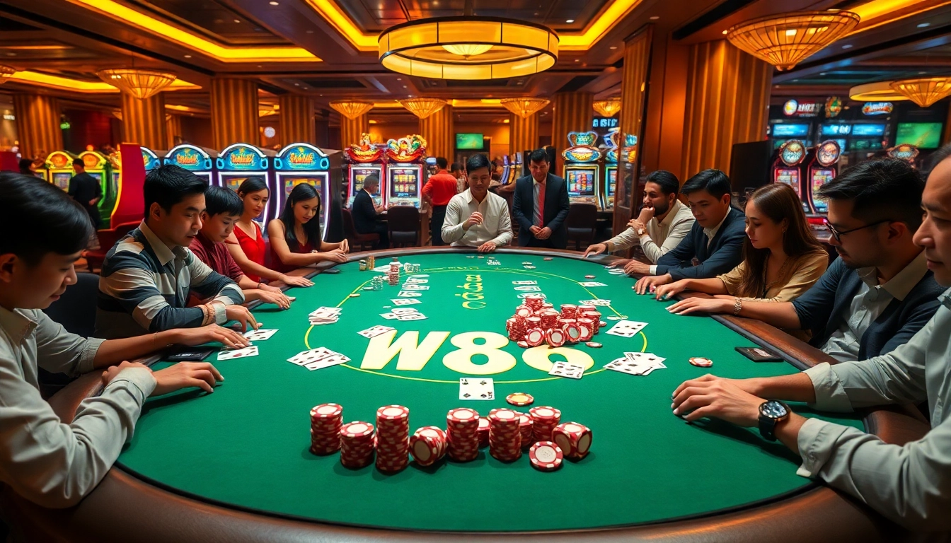 Players engaging in a thrilling game of poker at a W88 branded casino table, surrounded by animated atmosphere.