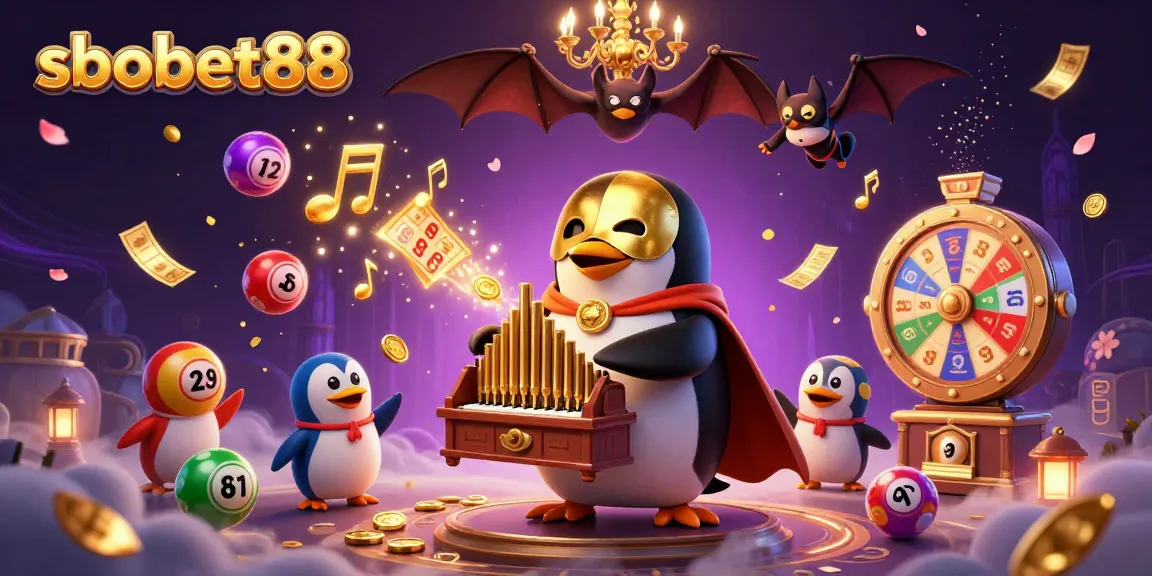 SboBet88 offers a thrilling gaming experience with a penguin playing a pipe organ shooting coins and vibrant lottery balls.