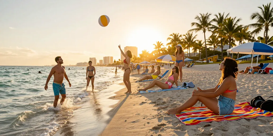 Pengunjung pantai Miami menikmati waktu bersenang-senang di bawah sinar matahari, menggambarkan suasana ceria yang dihadirkan oleh https://miami4d.com/.