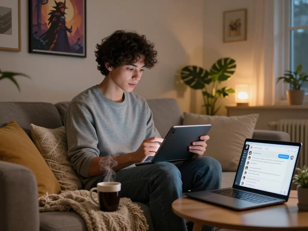 Engaged user enjoying a cozy chat experience with sex chat AI on a tablet in a warm home environment.