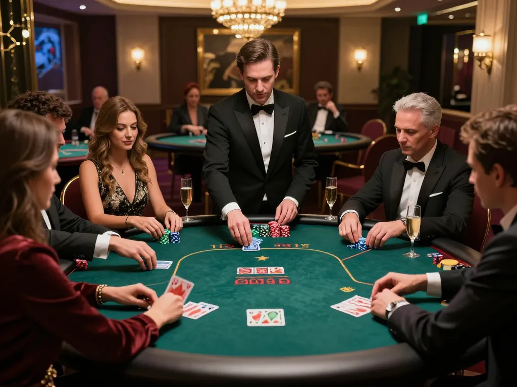 Engaging VIP scene of players enjoying game 88i at a high-stakes poker table in an elegant casino