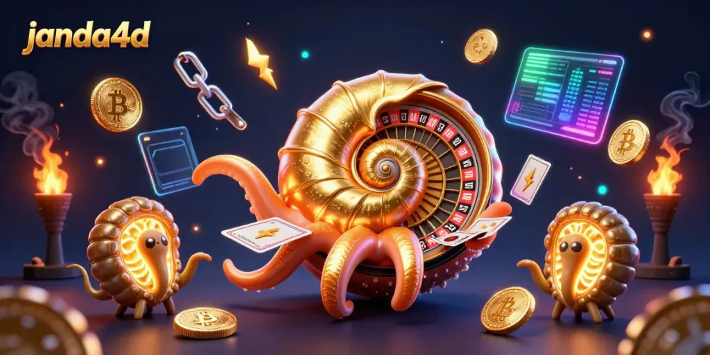 Ilustrasi 3D janda4d menampilkan nautilus raksasa dengan elemen slot dan koin kripto.