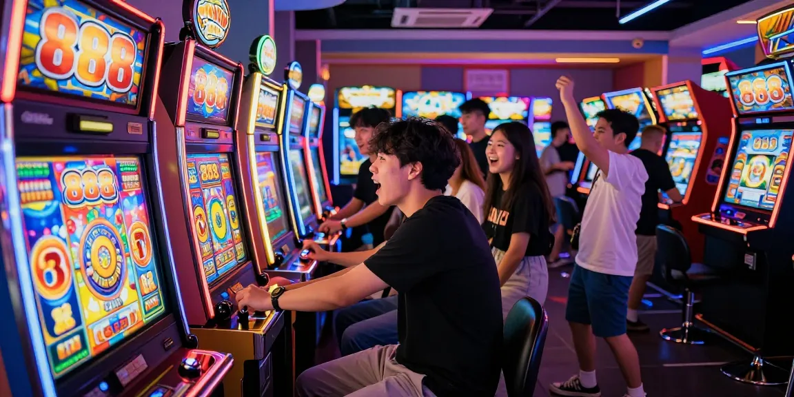 Permainan slot 888 slots di arcade penuh warna menarik dengan pemain bersenang-senang.