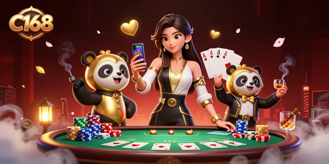 C168 offers an immersive casino experience, featuring an Asian woman holding a smartphone game, complemented by poker elements.