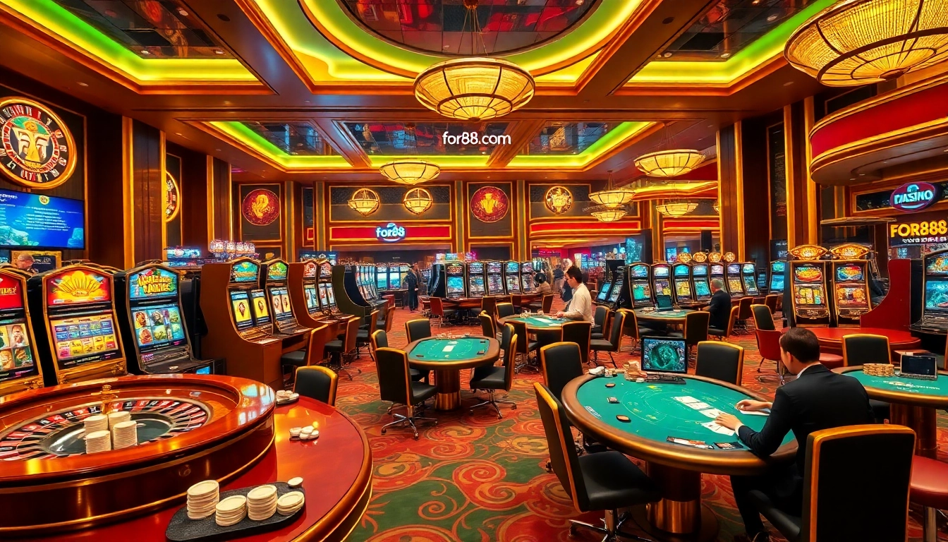 Engage in thrilling gaming experiences at for88 com casino, featuring poker tables, slot machines, and roulette wheels.