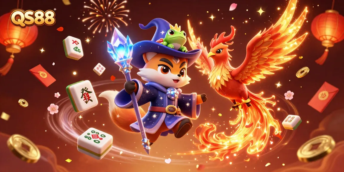 Experience the excitement of QS88 casino with a magical scene featuring a wizard fox and phoenix amidst vibrant gambling elements.