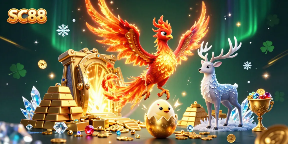 SC88 shows a phoenix and stag in a vibrant casino scene filled with gold and gems.