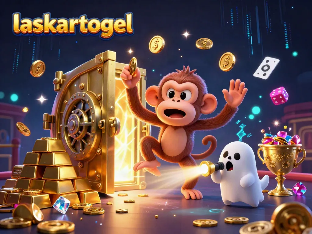 Engaging scene showcasing laskartogel with a mischievous poltergeist monkey juggling gold in a casino environment.
