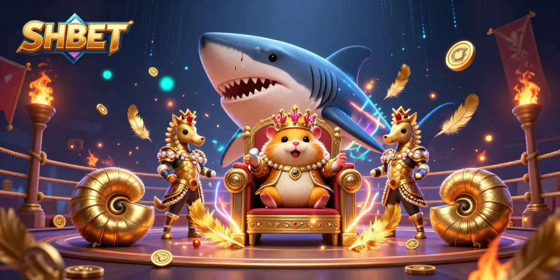 Engage in thrilling betting action at SHBET with a golden hamster king, royal seahorse guards, and vibrant elements from the betting arena.