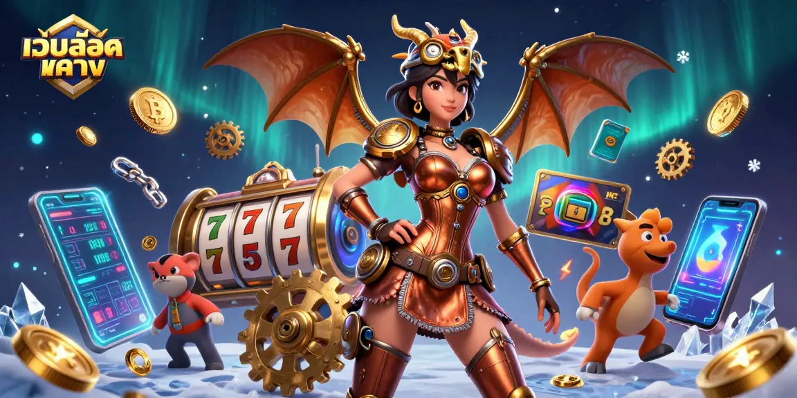 Experience the thrill of เว็บสล็อตตรง with vibrant slot reels and a stunning steampunk environment.