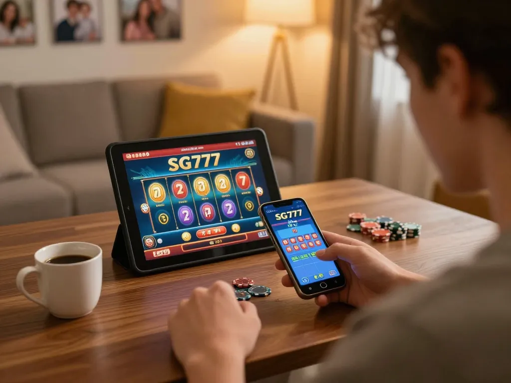 Engaged player using SG777 app on smartphone in a cozy home setting.
