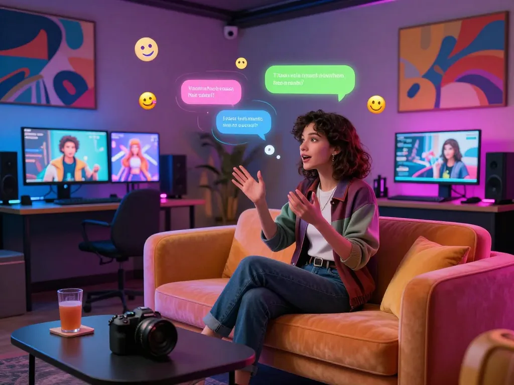 NSFW AI character engaging in conversation within a vibrant digital lounge setting, showcasing captivating interactions.