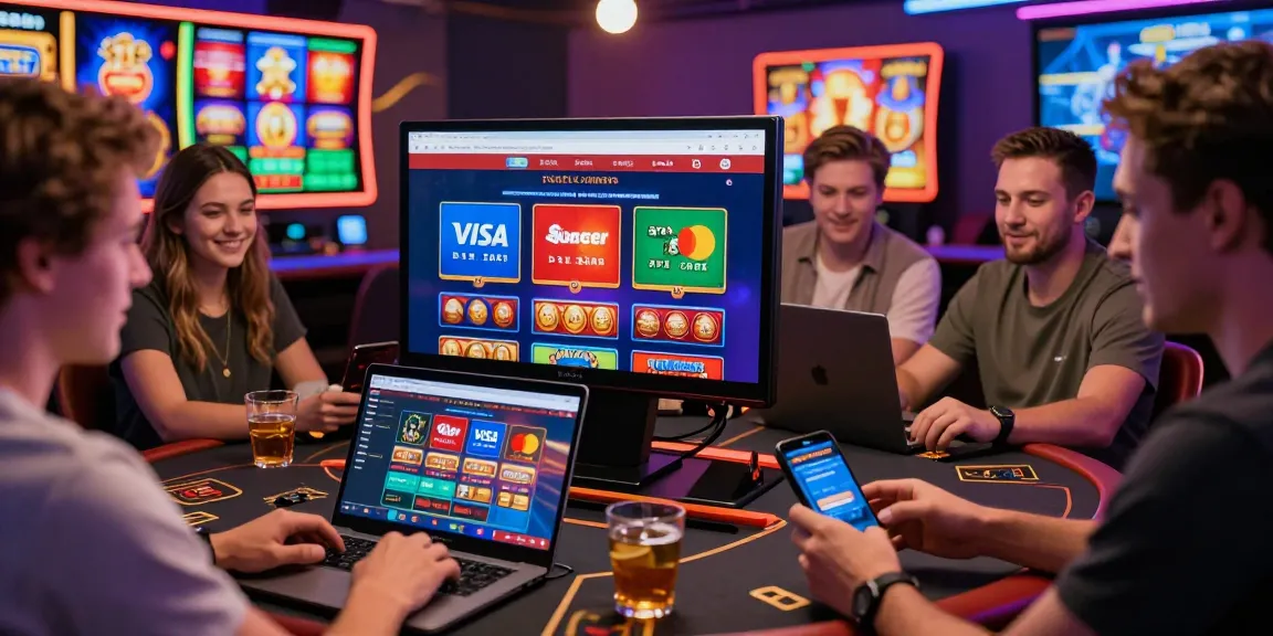 Engaging players exploring slot games at credit card casinos with colorful gaming interfaces and social interactions.