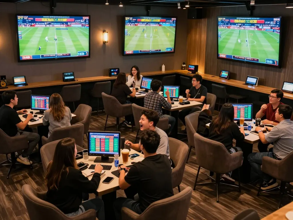 Exciting moments during sports betting at a modern lounge, focusing on kèo bóng đá hôm nay and fans engaging with live games.