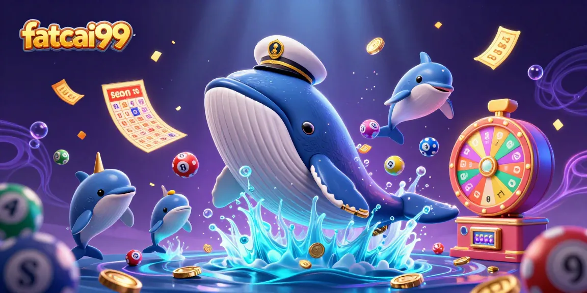 Engage in exciting lottery action with fatcai99 as vibrant numbers and playful sea creatures light up the scene.