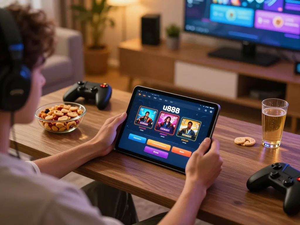 Person enjoying u888 gameplay on tablet in cozy home setting, emphasizing online gambling excitement.