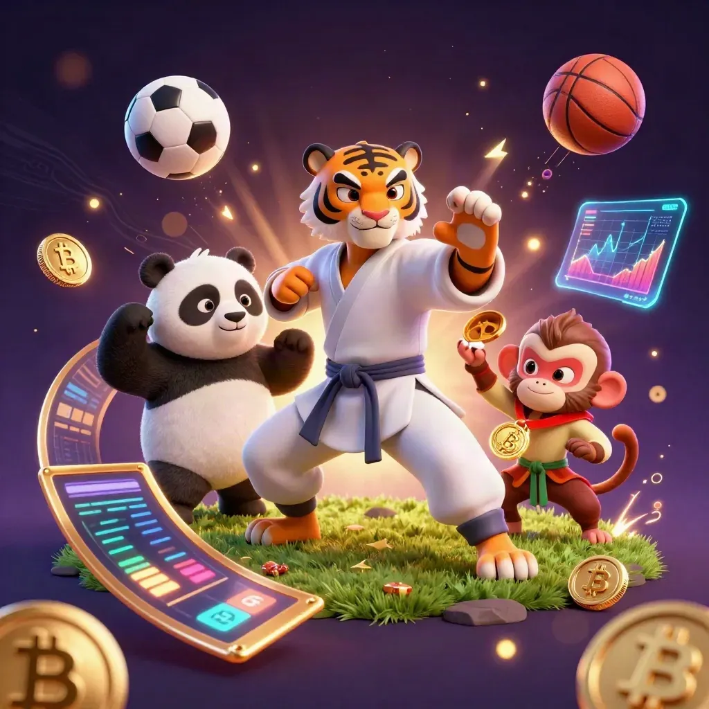 Kung-fu tiger, panda, and monkey amid casino coins, sports balls, and neon energy.