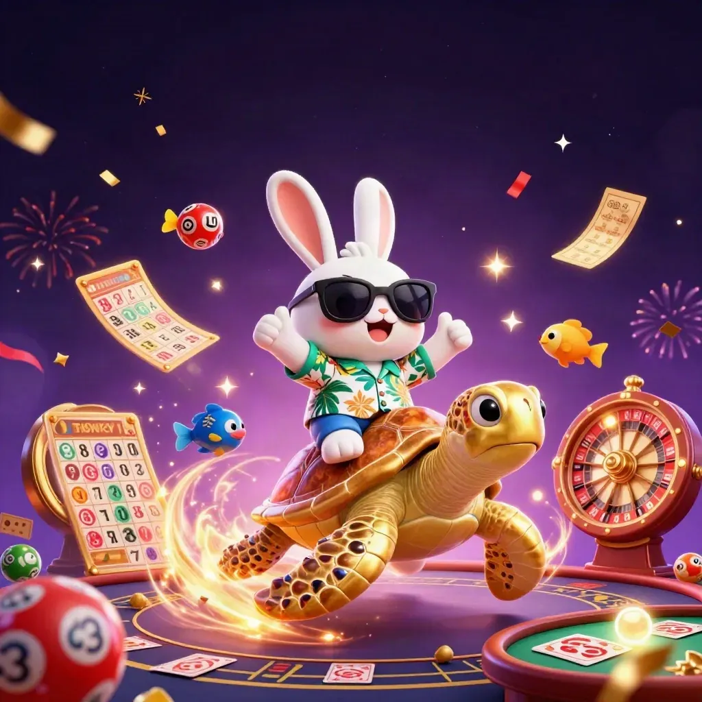 Lucky rabbit on a golden sea turtle amid casino symbols, fireworks, and glowing treasure