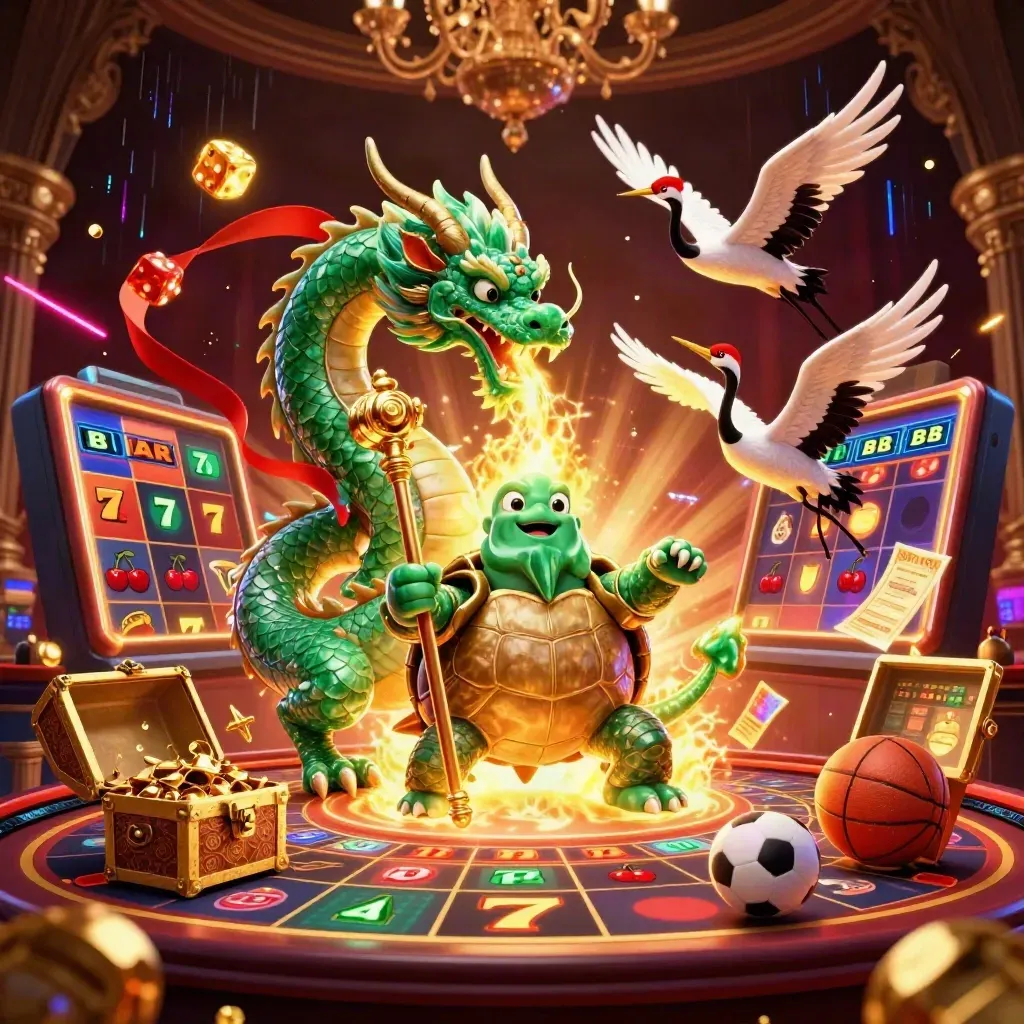 Emerald dragon, turtle sage and cranes amid slot burst, gold dice and sports balls in casino glow
