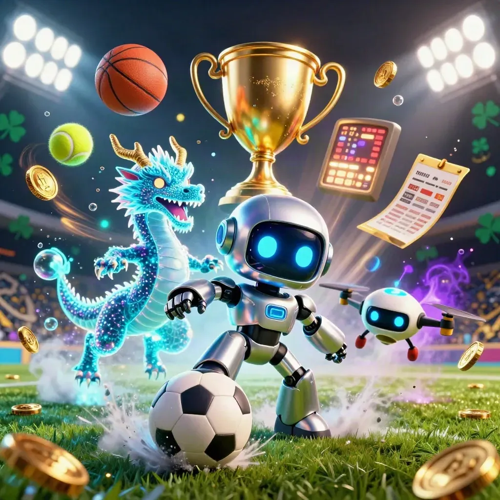 Cyberpunk robot, hologram dragon and coin drone amid flying balls, trophy and gold coins.