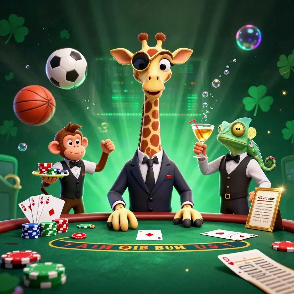 Giraffe, monkey, and chameleon at a glowing VIP poker table with flying chips and balls.