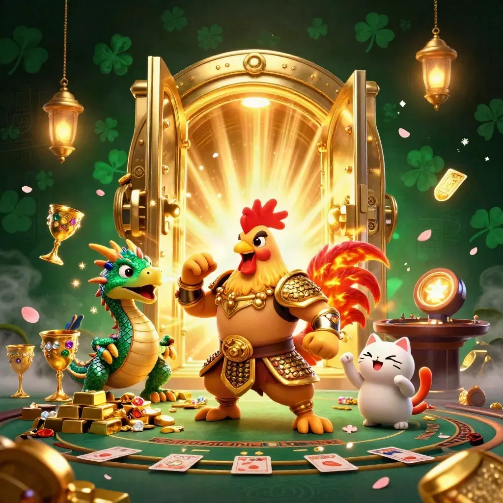 Rooster warrior, dragon hatchling and fortune-cat amid jackpot vault glow and casino opulence.