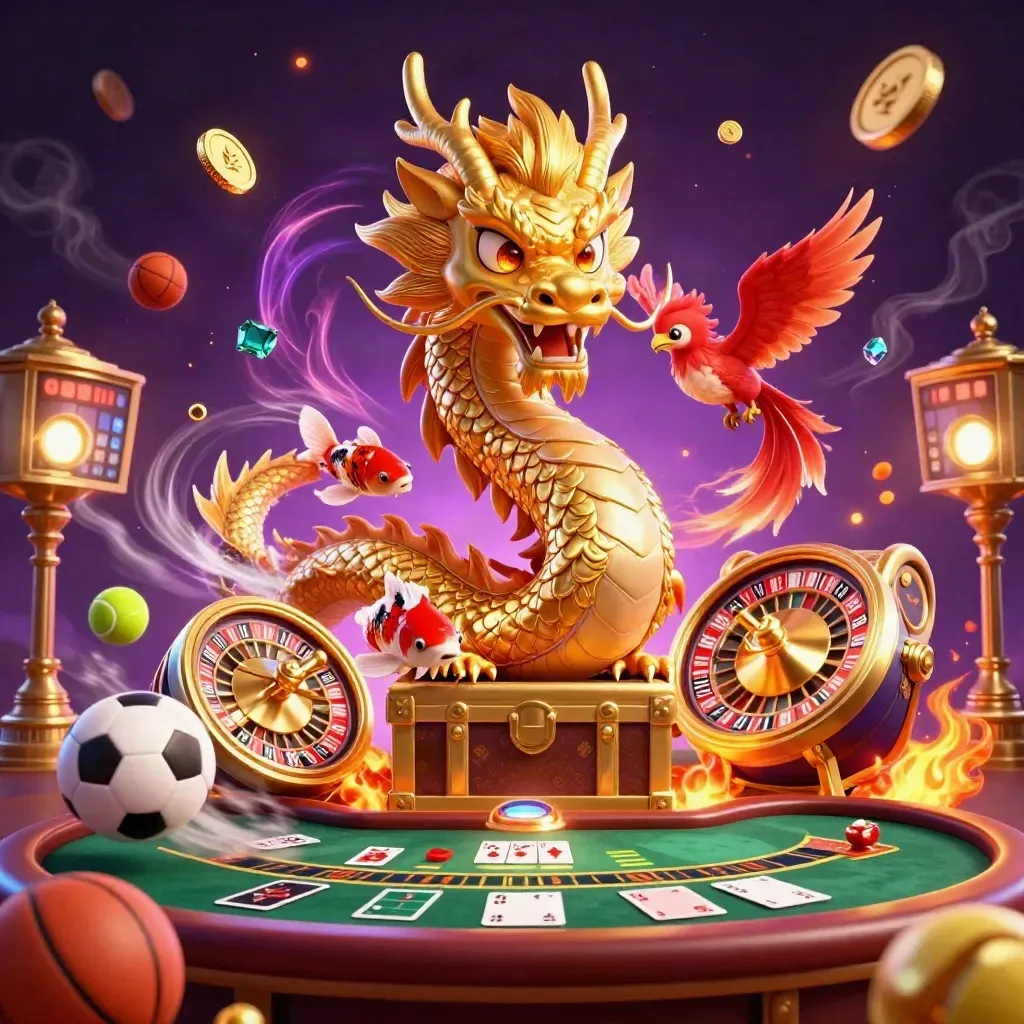 Golden dragon, phoenix and koi in a luxe casino scene with roulette, sports balls, trophy and purple glow.