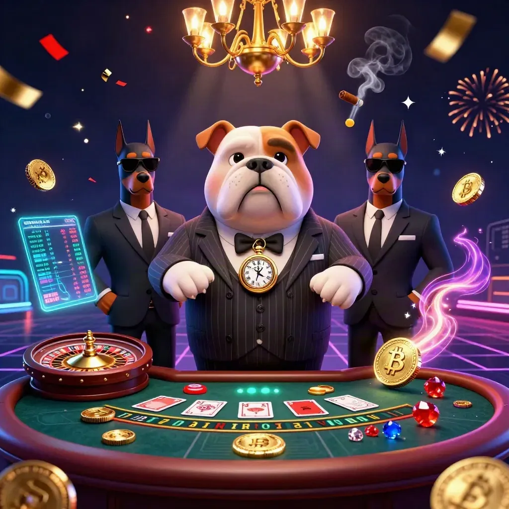 Mafia bulldog and Dobermans amid roulette glow, coins, smoke, brass, fireworks, and neon casino effects