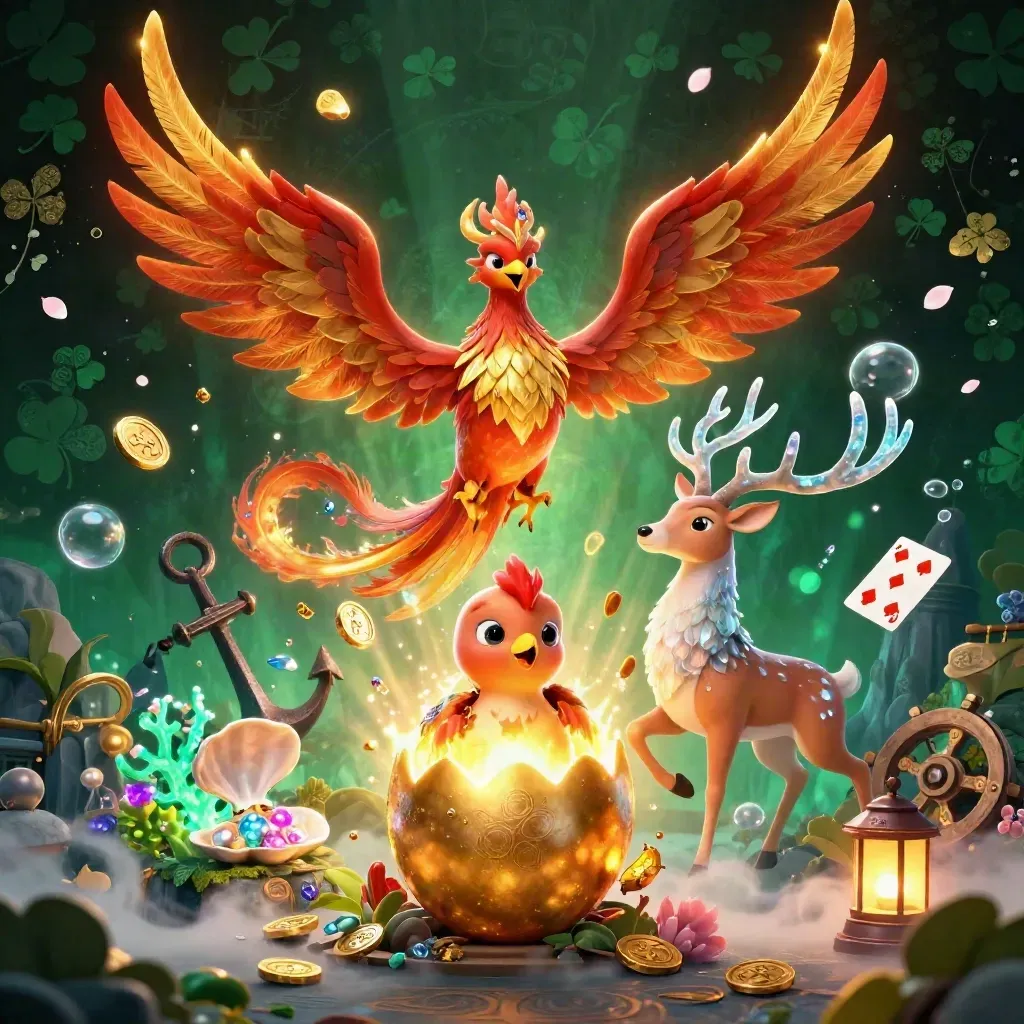 Phoenix, hatching chick, and crystal-antler stag amid coins, coral, and glowing runes