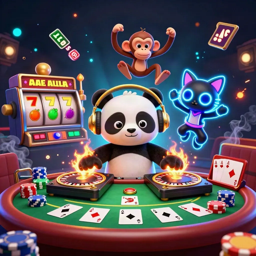 Panda DJ, breakdancing monkey and rave kitten amid roulette-wheel decks and casino chips