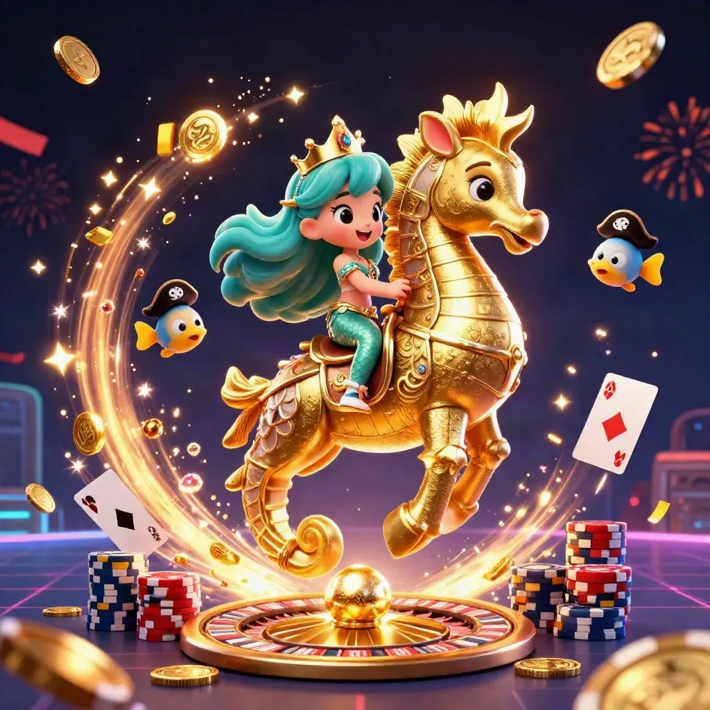 Mermaid princess on golden seahorse amid roulette, coins, gems and casino glow