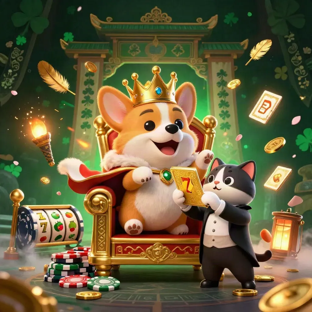 Royal corgi and cat butler amid casino loot, temple gate, chips, petals, and glowing runes.