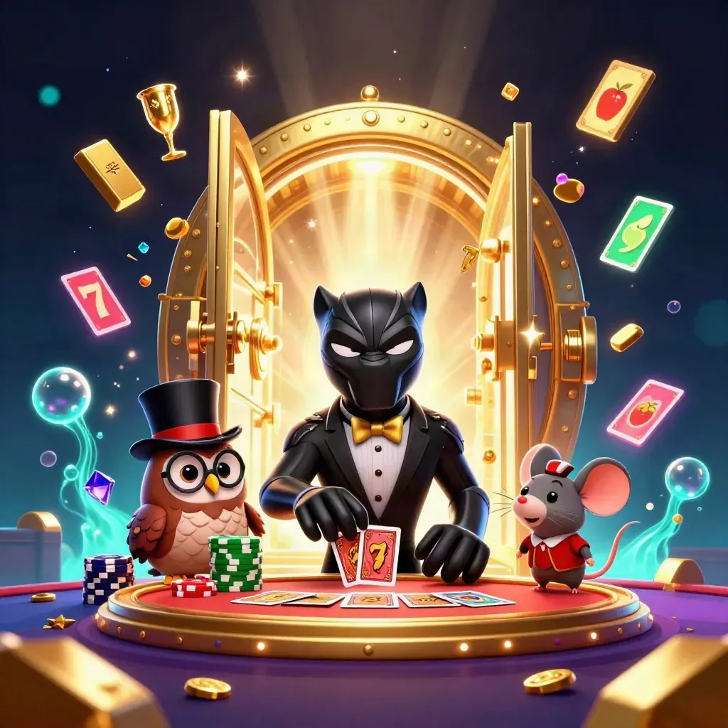 Panther dealer, owl chips, and mouse by a glowing vault amid treasure and cyan casino effects