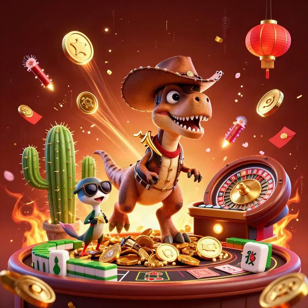 Cowboy T-Rex, cactus, and roadrunner amid roulette, coins, fireworks, and casino glow