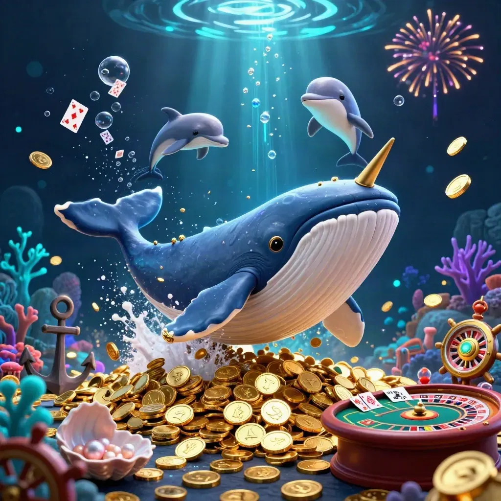 Whale captain, narwhal, dolphins, coin burst, roulette wheel, underwater treasure cove, premium casino key art